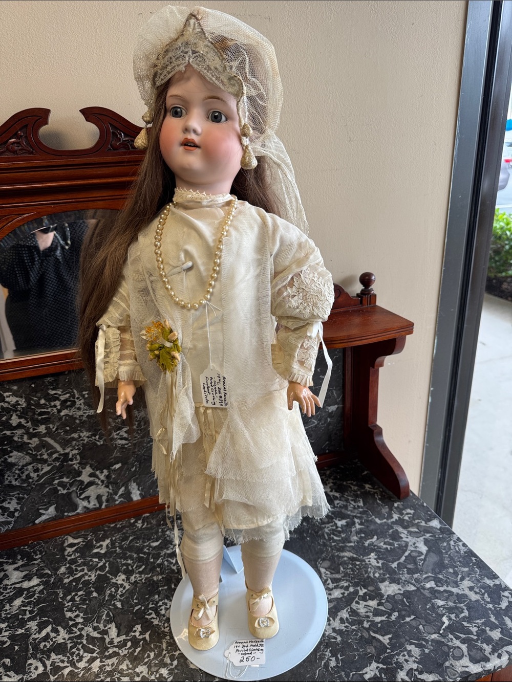 Vintage Porcelain Doll in antique Cream Dress with Pearl Necklace and long hair